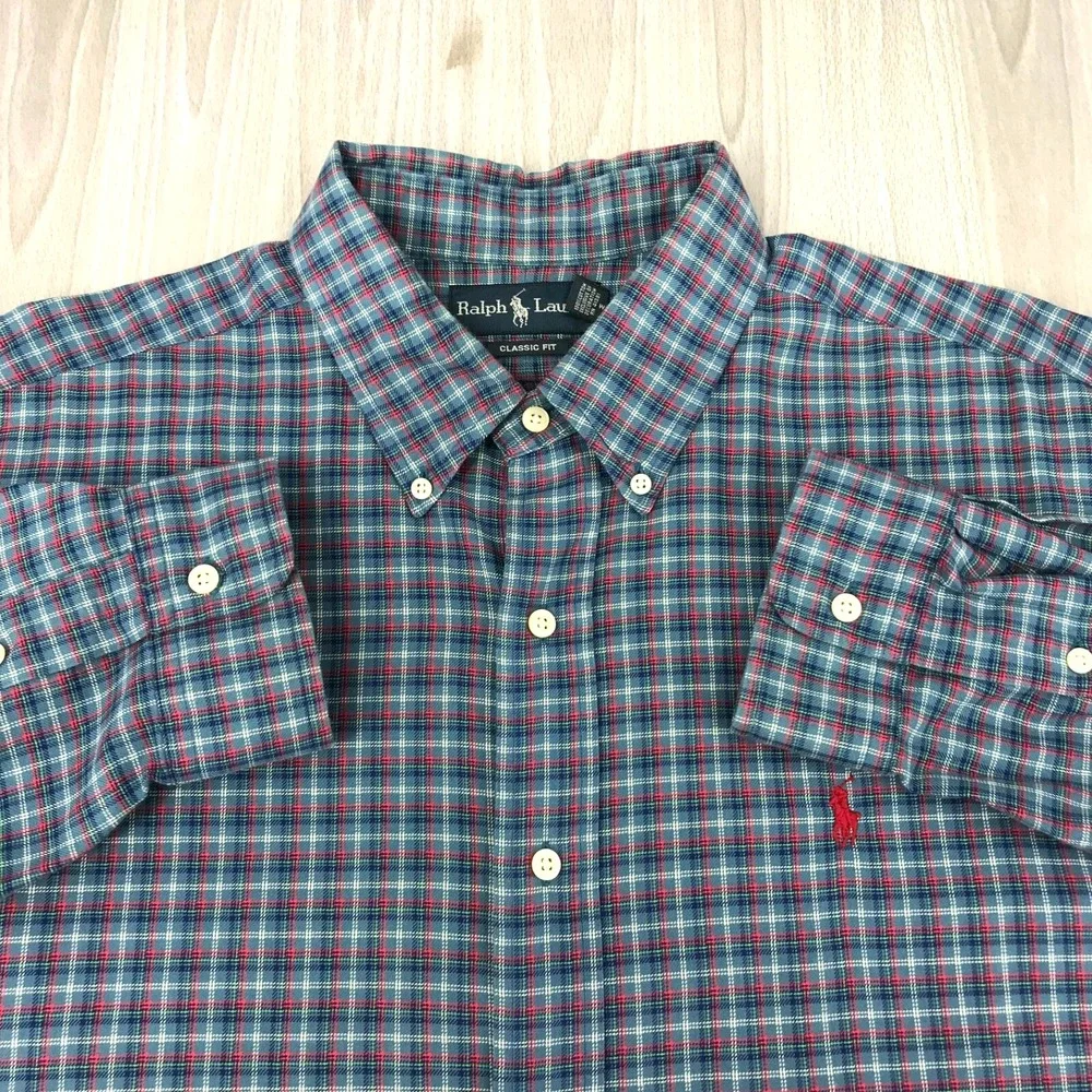 Polo Ralph Lauren Shirt Mens XL Classic Fit Blue Red Plaid Long Sleeve Cotton